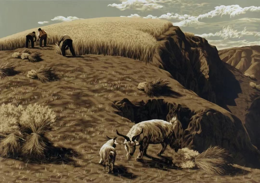 《割谷》 绝版木刻 61×87cm 2002年 《割谷》 绝版木刻 61×87cm 2002年